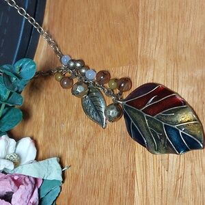 28" Long Enamel Leaf Bead Tassel Necklace Antiqued Goldtone Chain